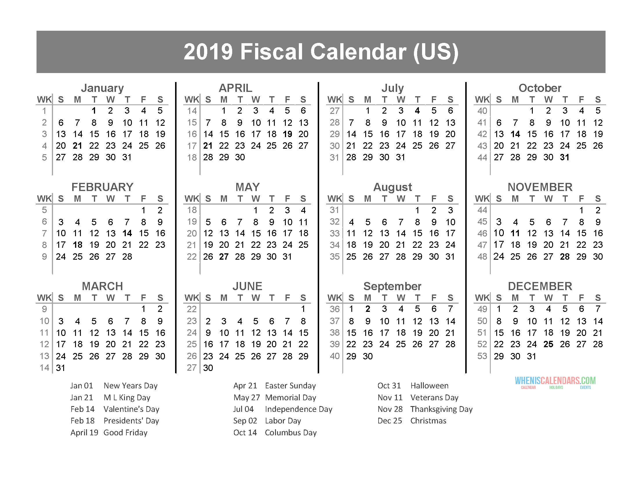 Fiscal Year 2019 Calendar With Us Holidays (January To regarding Week Numbers Fiscal Year 2019-2020