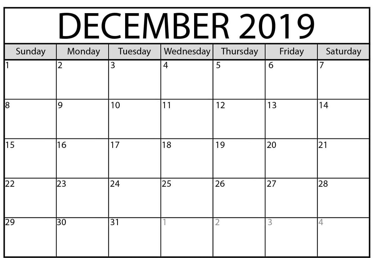 Free Blank December Calendar 2019 Printable Template Pdf pertaining to 2019 Calendar Downloadable Free Word