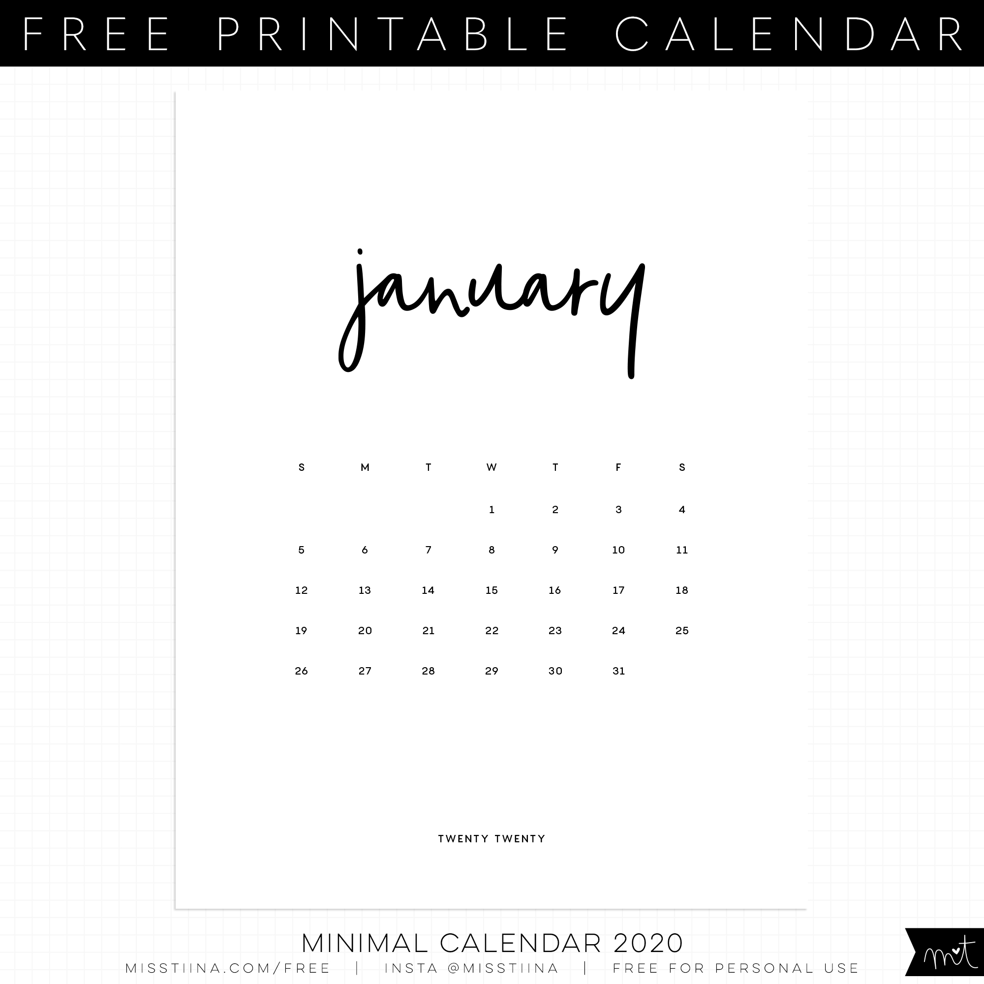 Free Calendar Printables | Misstiina within Minimal Calendar January 2020 Printable Monday To Sunday
