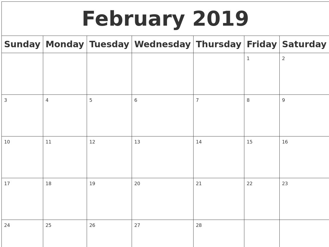 Free February 2019 Calendar Pdf Excel Word Free Calendar And within 2019 Calendar Downloadable Free Word