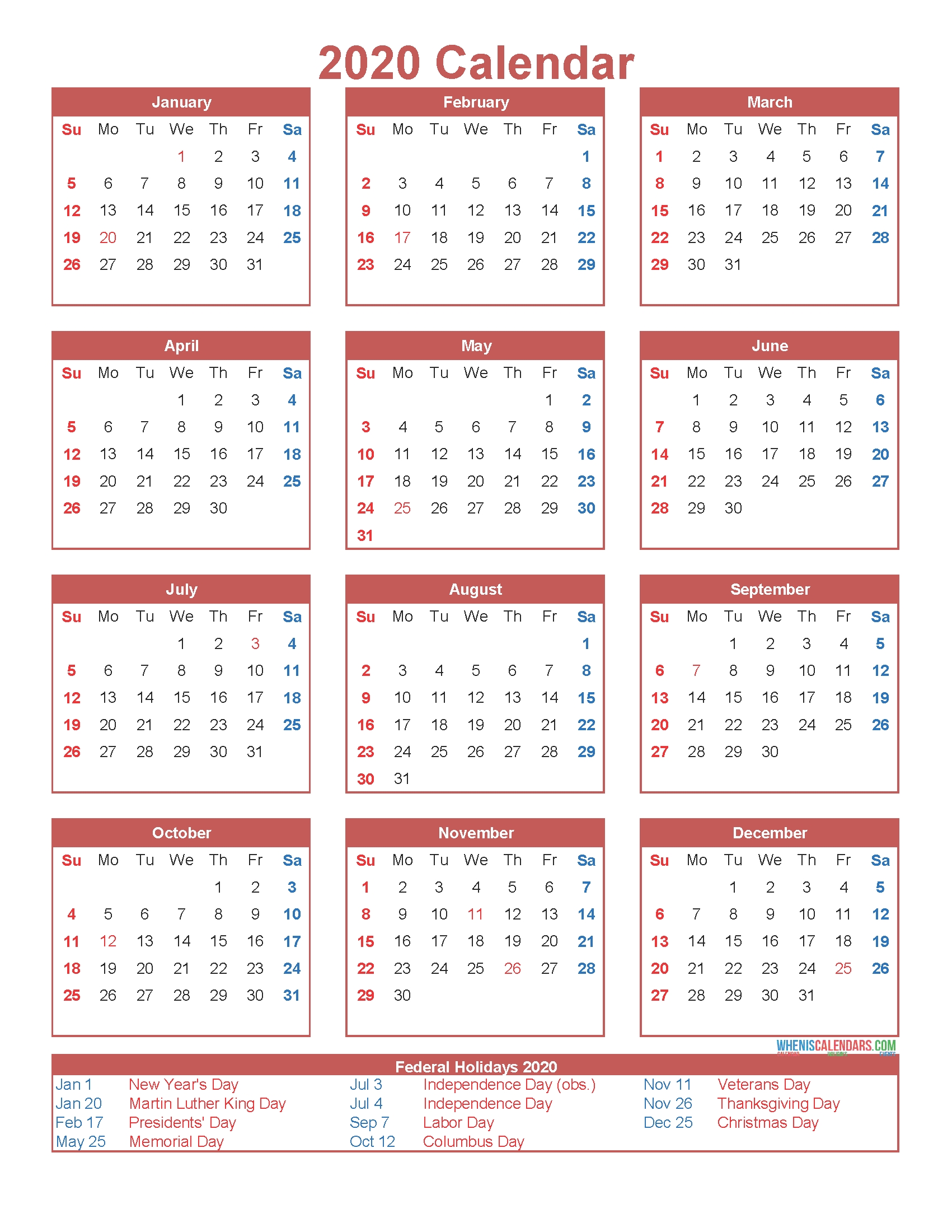 Free Printable 12 Month Calendar On One Page 2020 | Free intended for 2020 Calendar Year To A Page