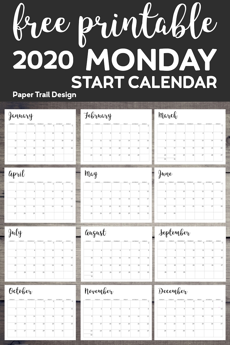 Free Printable 2020 Calendar - Monday Start | Paper Trail Design inside Free 2020 Calendar Monday Start