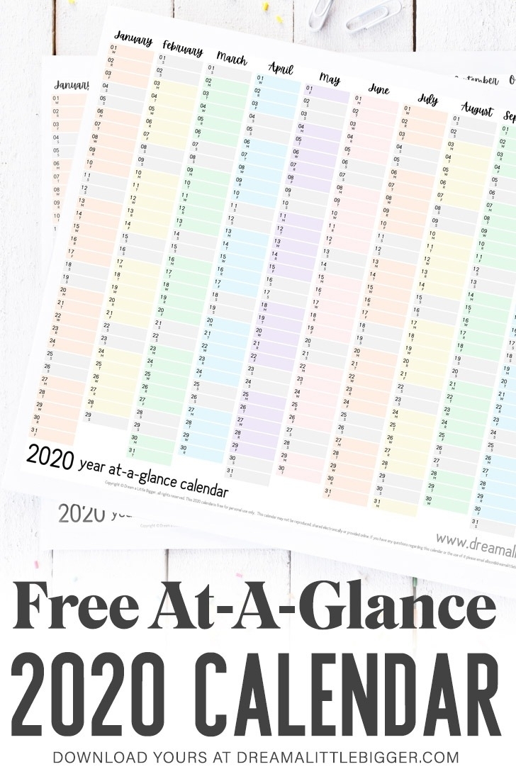 Free Printable At-A-Glance Calendar ⋆ Dream A Little Bigger for Free 2020 Year At A Glance Calendars