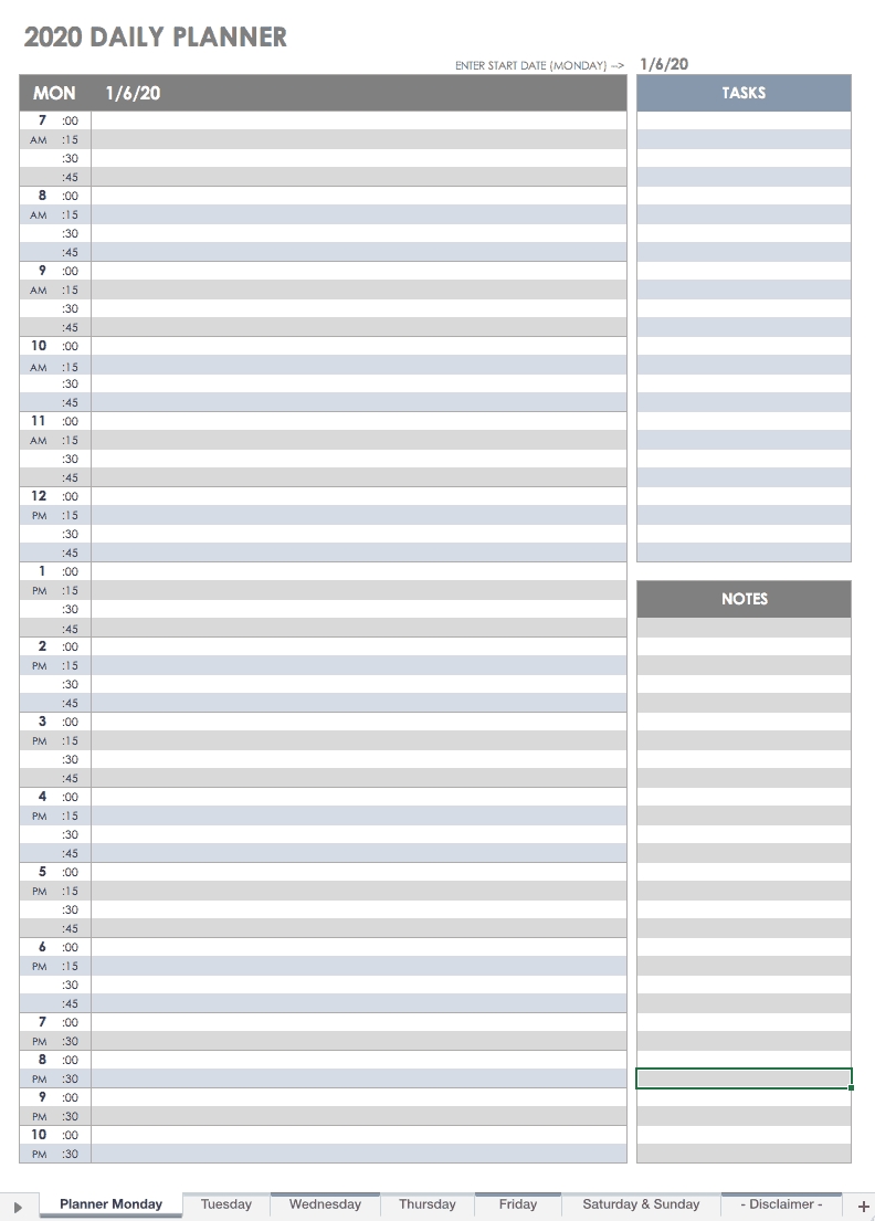 Free Printable Daily Calendar Templates | Smartsheet in Free Printable 15 Minute Planner