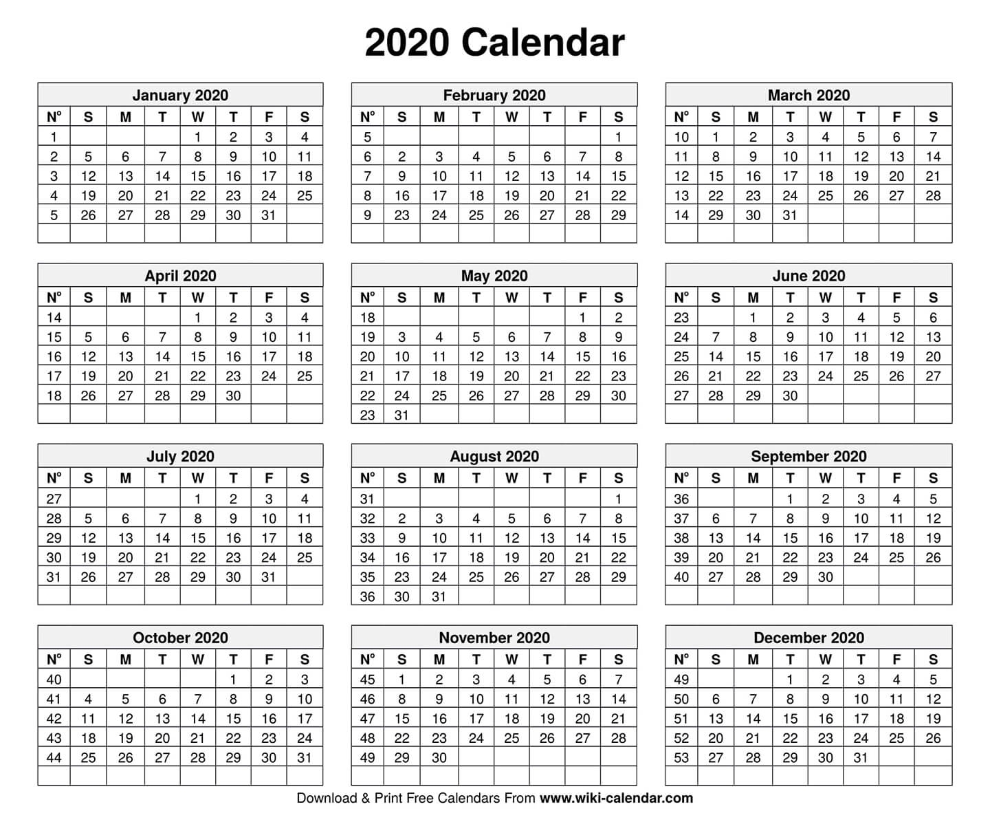 Free Printable Year 2020 Calendar in Printable Template For Blank 2020 Year At A Glance Calendar