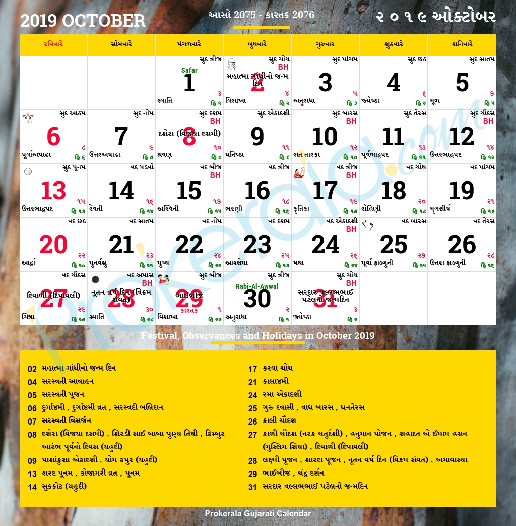 Gujarati Calendar October, 2019 | Vikram Samvat 2076, Aso within 30 October 2002 Hindi Tithi