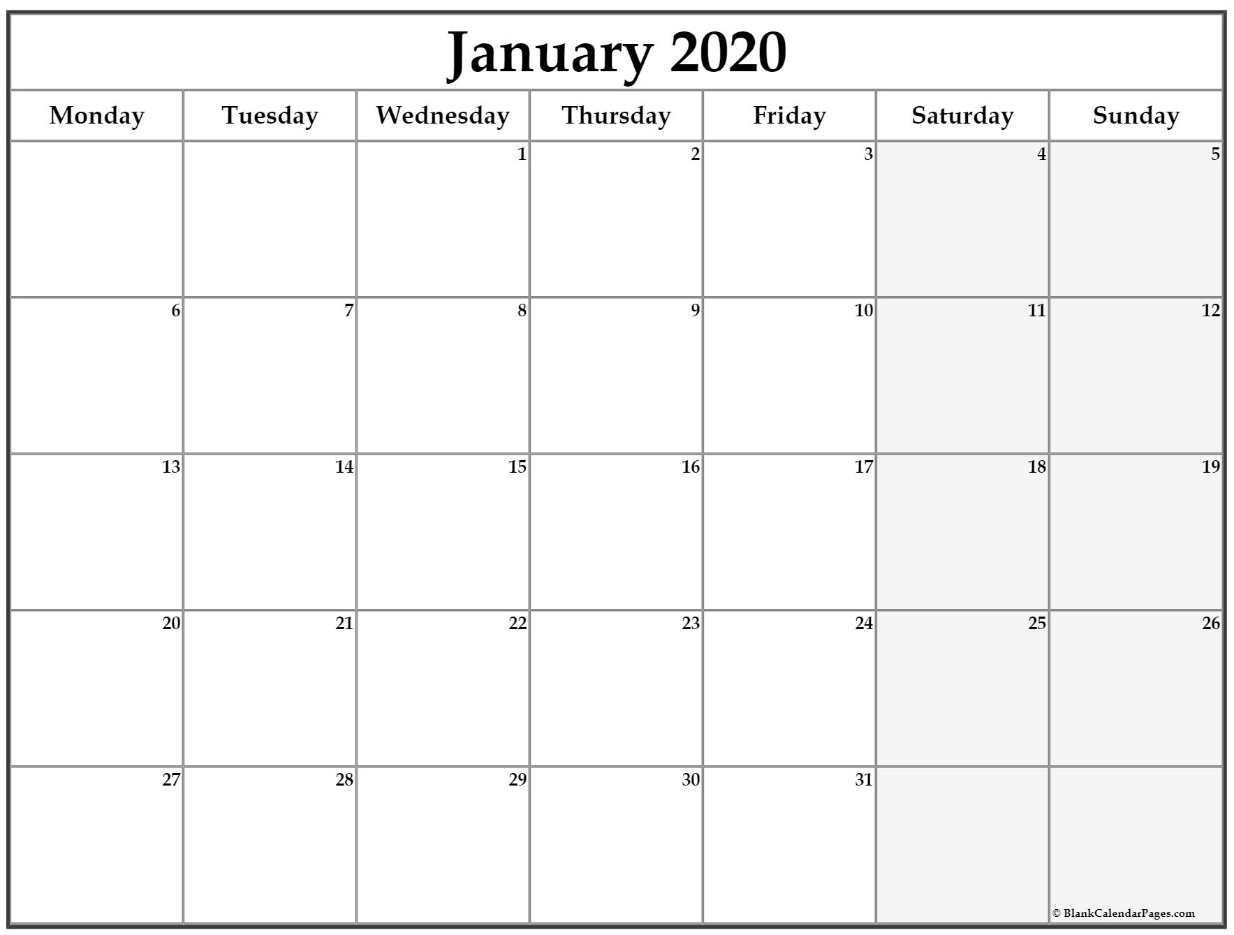 January 2020 Monday Calendar | Monday To Sunday inside Monday Thru Friday Calendar 2020 Printable