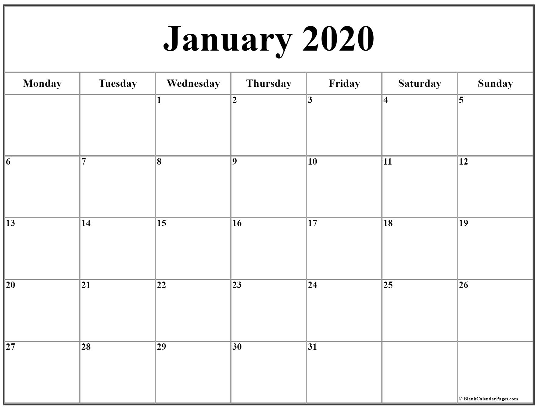 January 2020 Monday Calendar | Monday To Sunday pertaining to Monday Thru Friday Calendar 2020 Printable