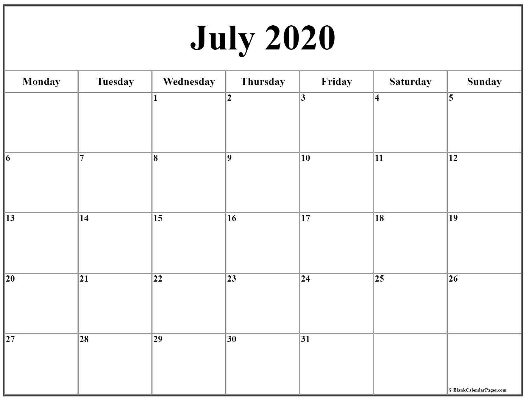 July 2020 Monday Calendar | Monday To Sunday with regard to 2020 Calendar Starting With Mondays