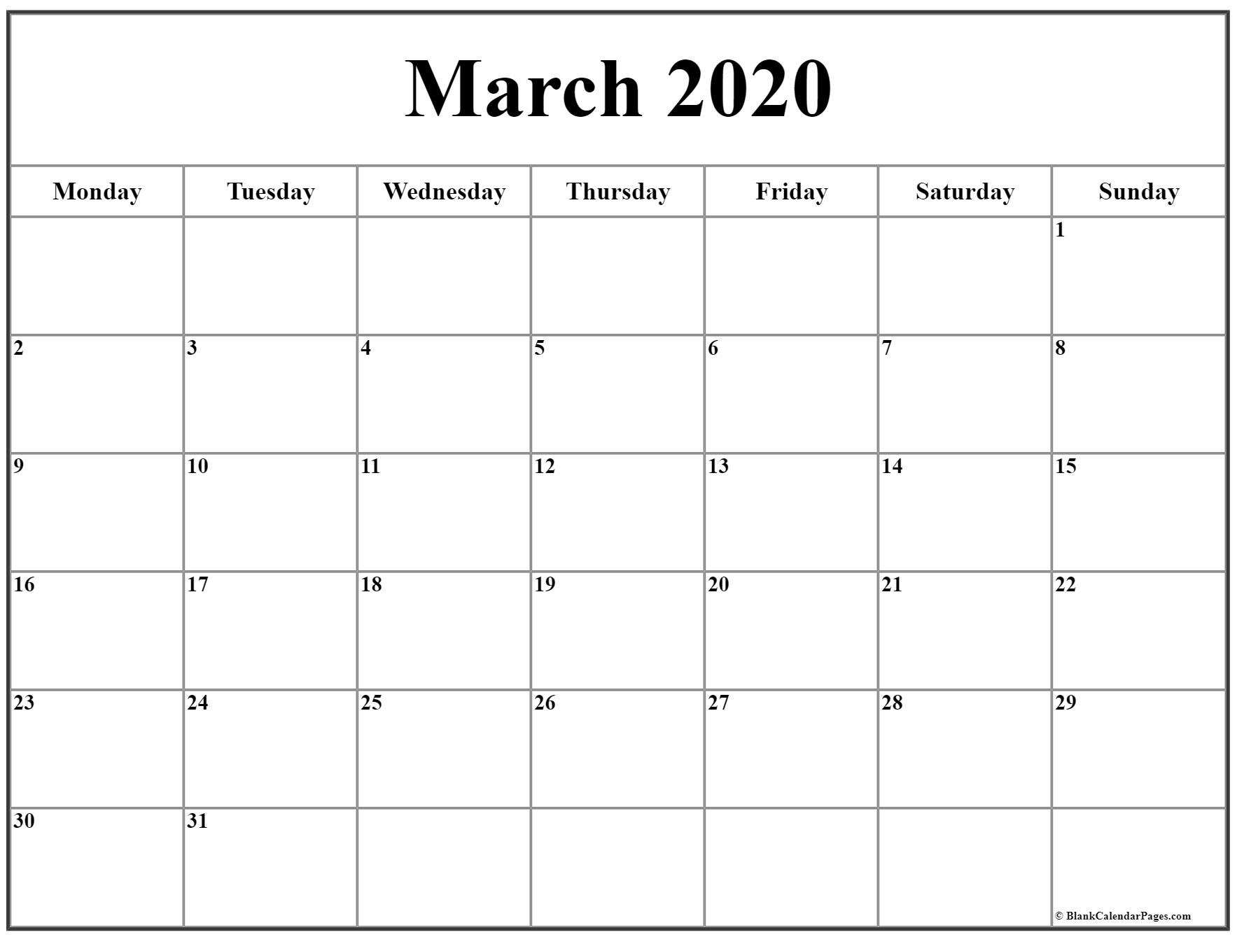 March 2020 Monday Calendar | Monday To Sunday intended for Calendar Sunday To Saturday 2020