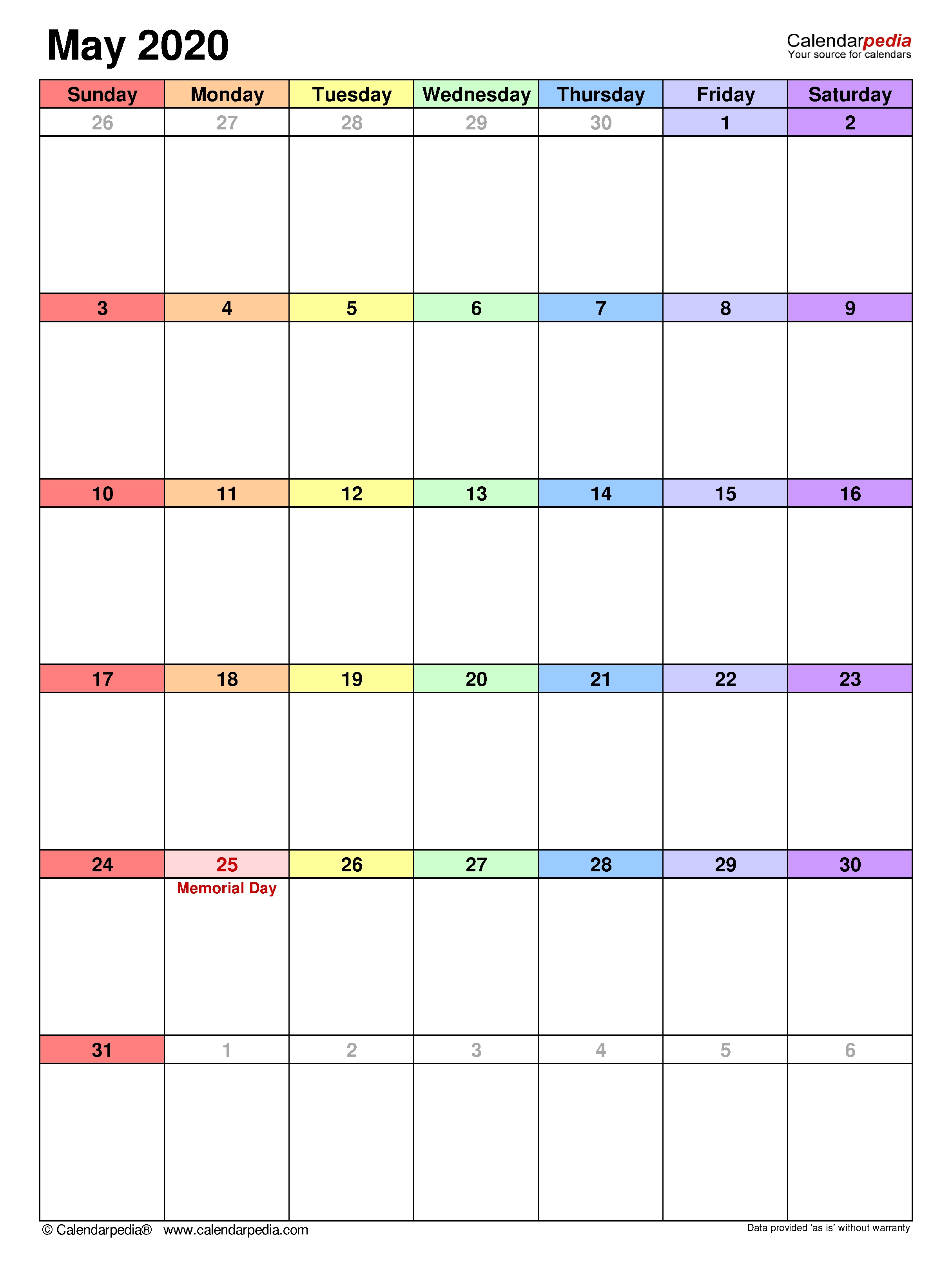 May 2020 - Calendar Templates For Word, Excel And Pdf with One Week Per Page 2020