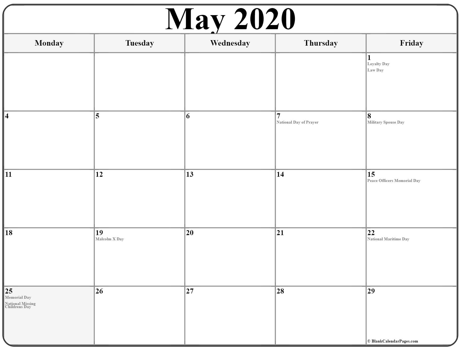 May 2020 Monday Calendar | Monday To Sunday with Monday Thru Friday Calendar 2020 Printable
