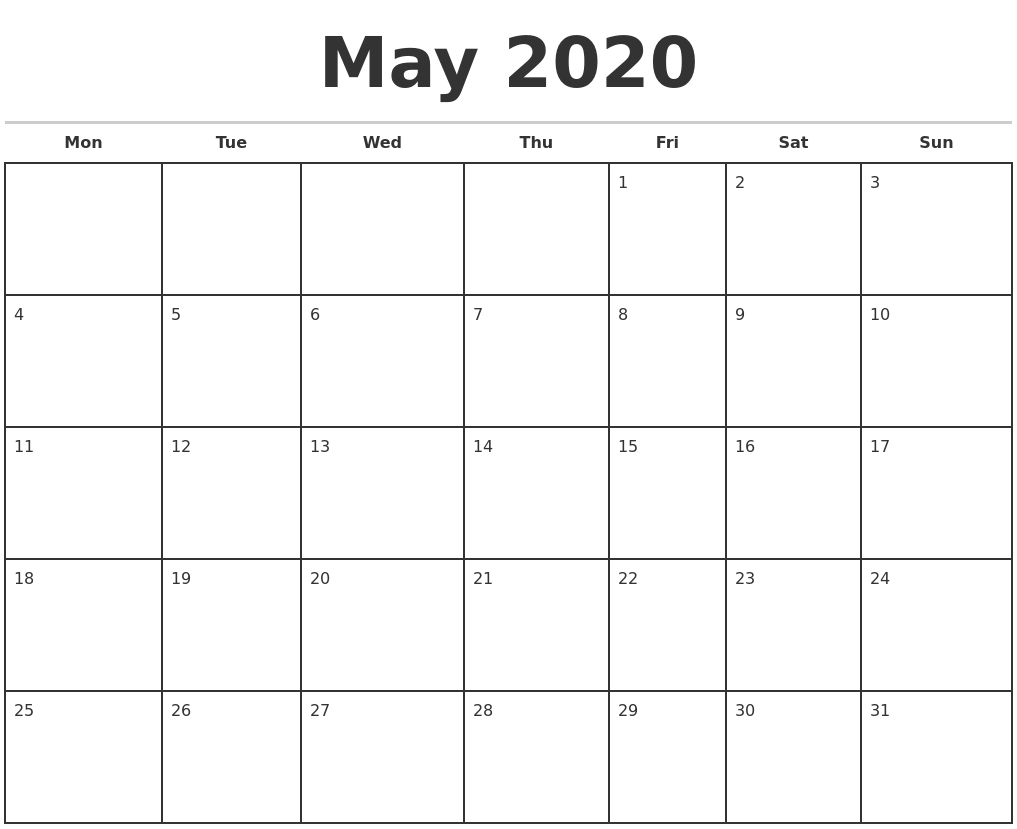 May 2020 Monthly Calendar Template in 2020 Monthly Calendar Start Monday