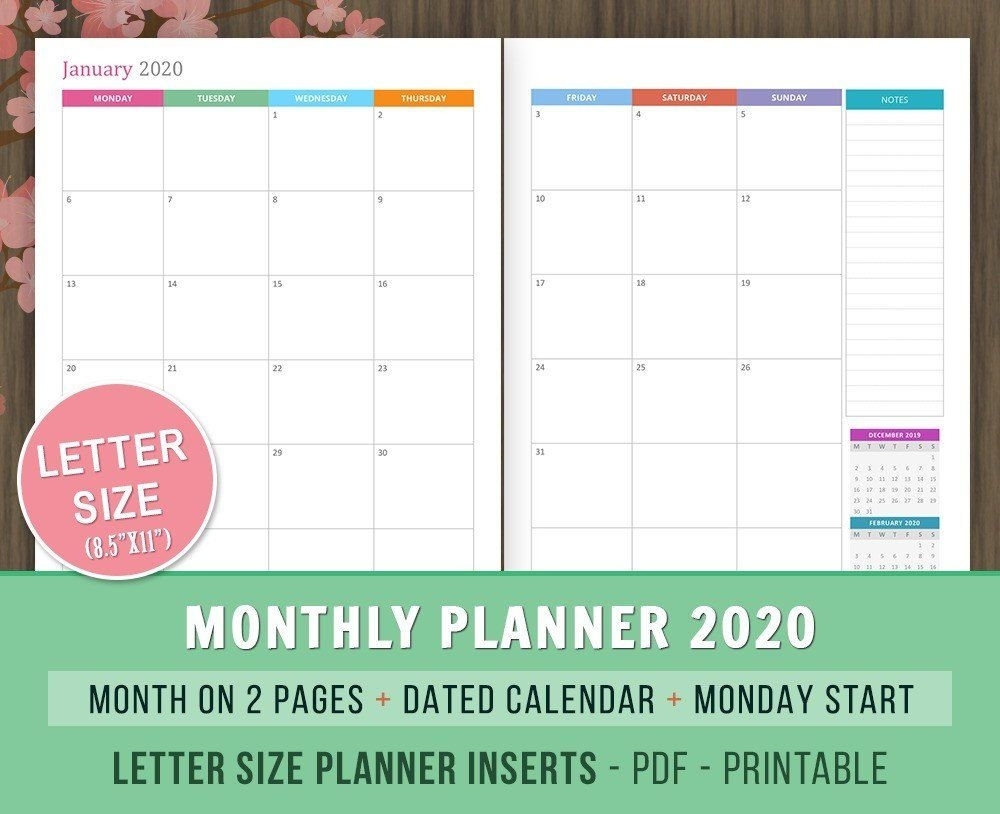 Monthly Planner 2020 Inserts Month On 2 Pages Dated Monthly intended for 8.5 X 11 Calendar Pages
