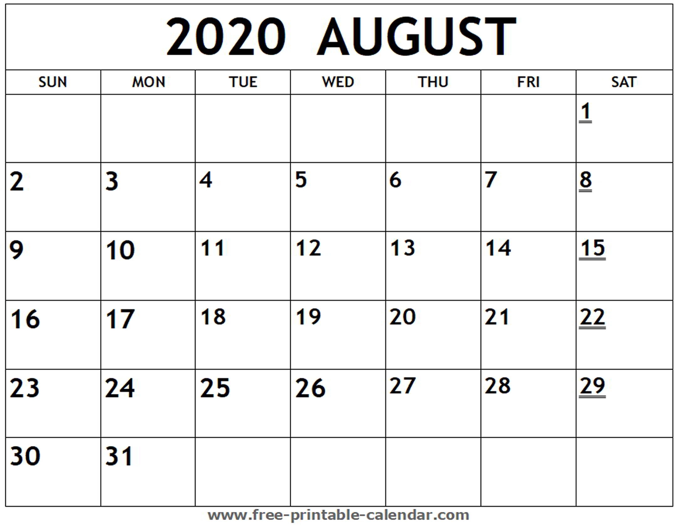 Printable 2020 August Calendar - Free-Printable-Calendar intended for Printable Fill In Calendar 2020