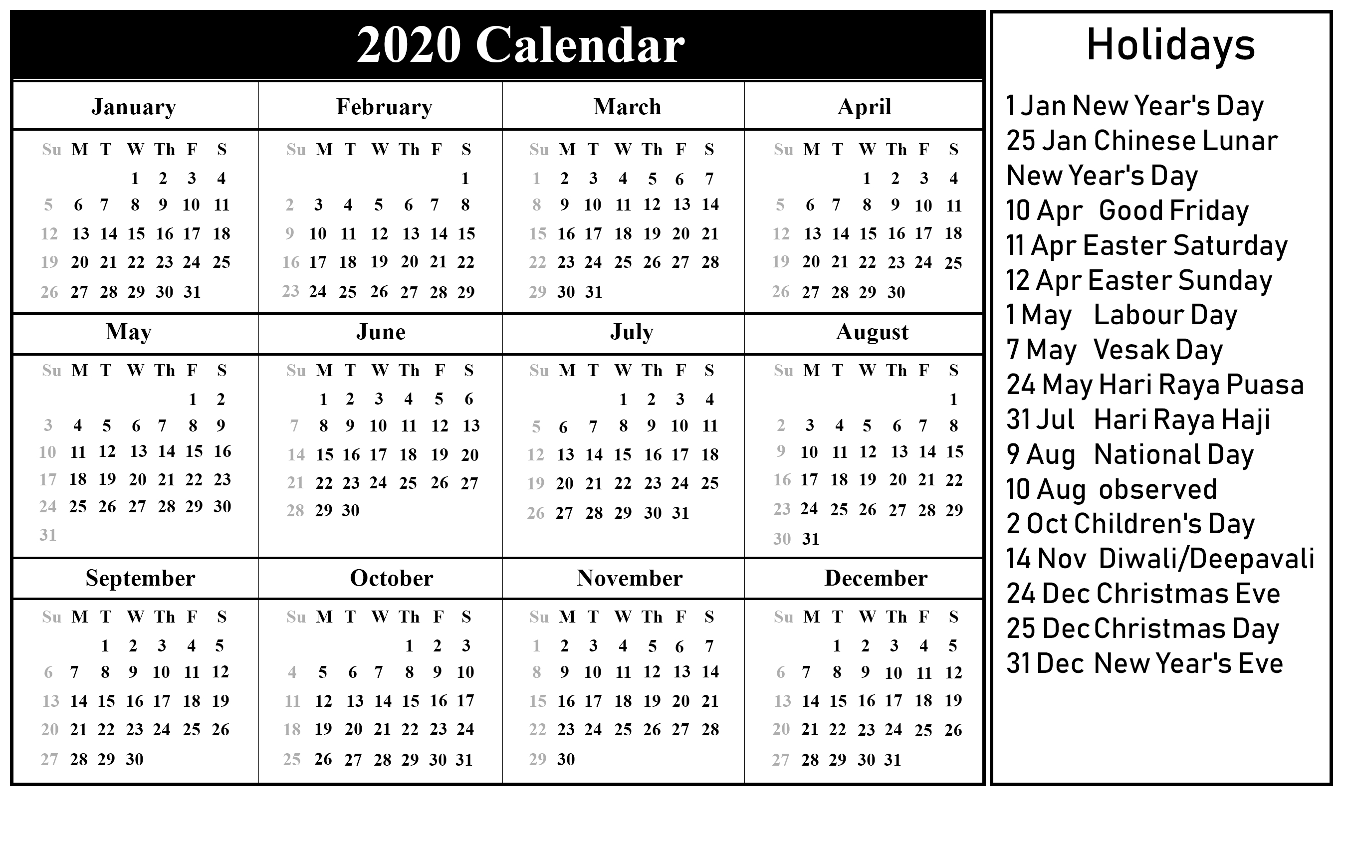 Printable 2020 Calendarmonth With Holidays | Printable intended for Calendar Sunday To Saturday 2020