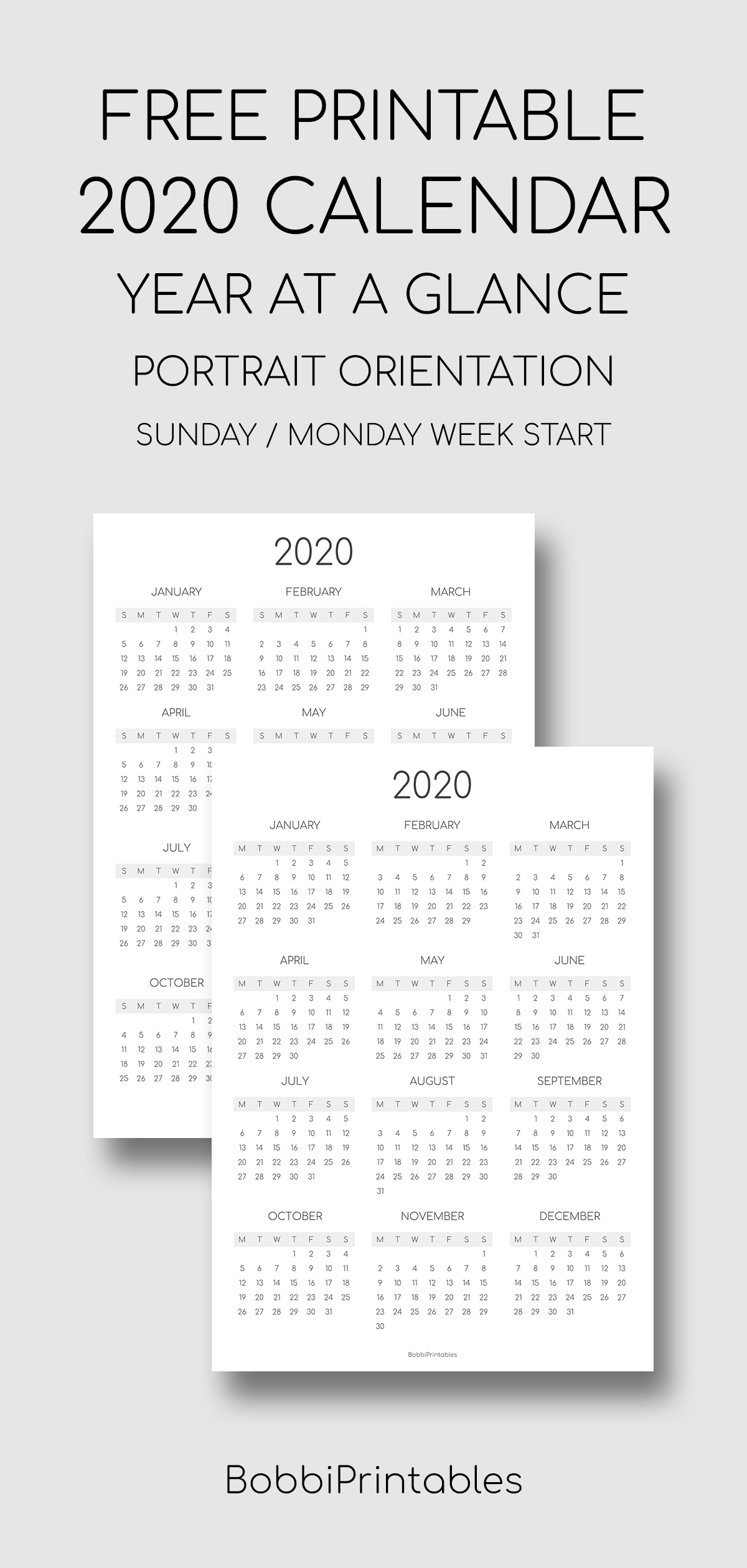 Printable 2020 Year At A Glance Calendar - Portrait inside Free 2020 Calendar At A Glance