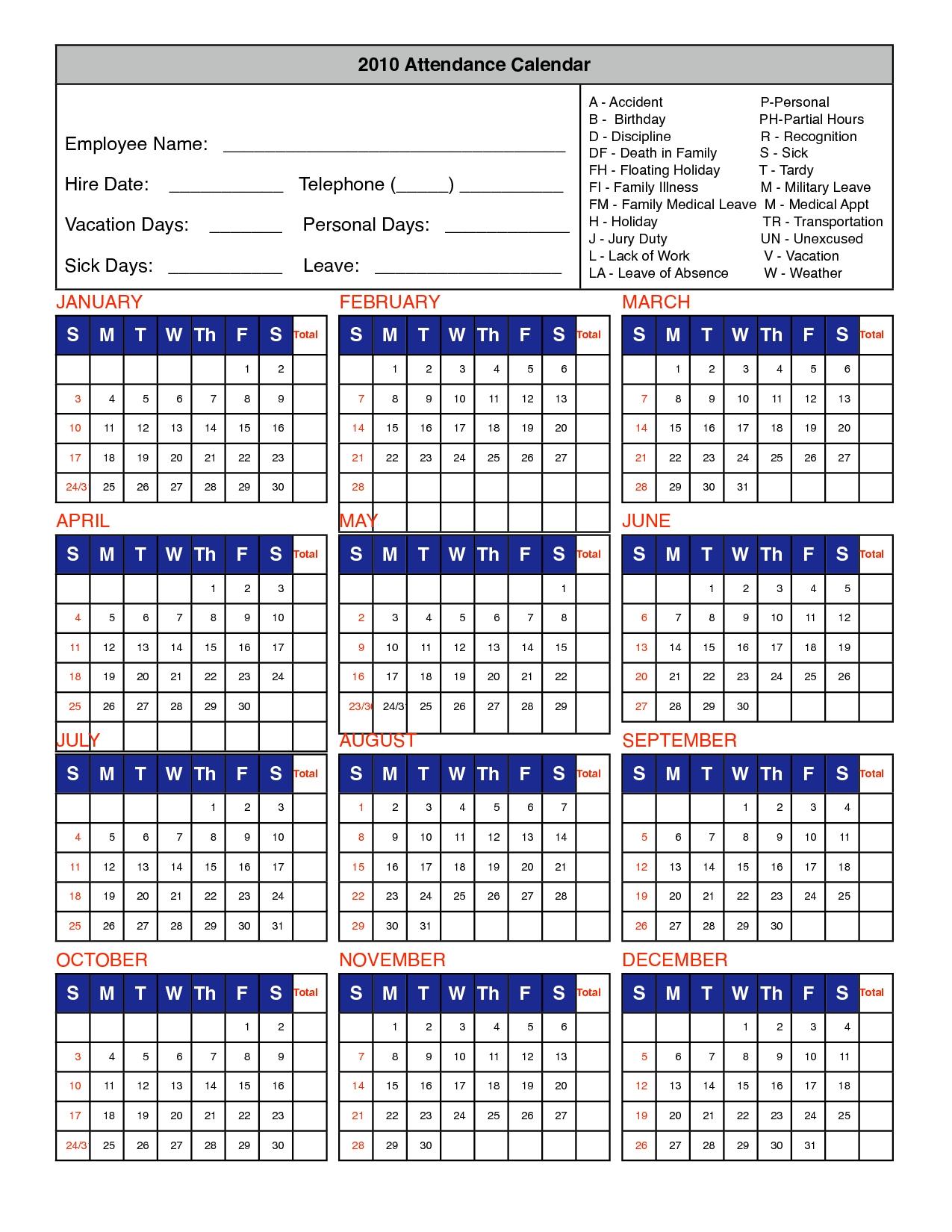 Printable Attendance Calendar 2016 Employee Attendance inside Employeee Attendance Calendar For 2020