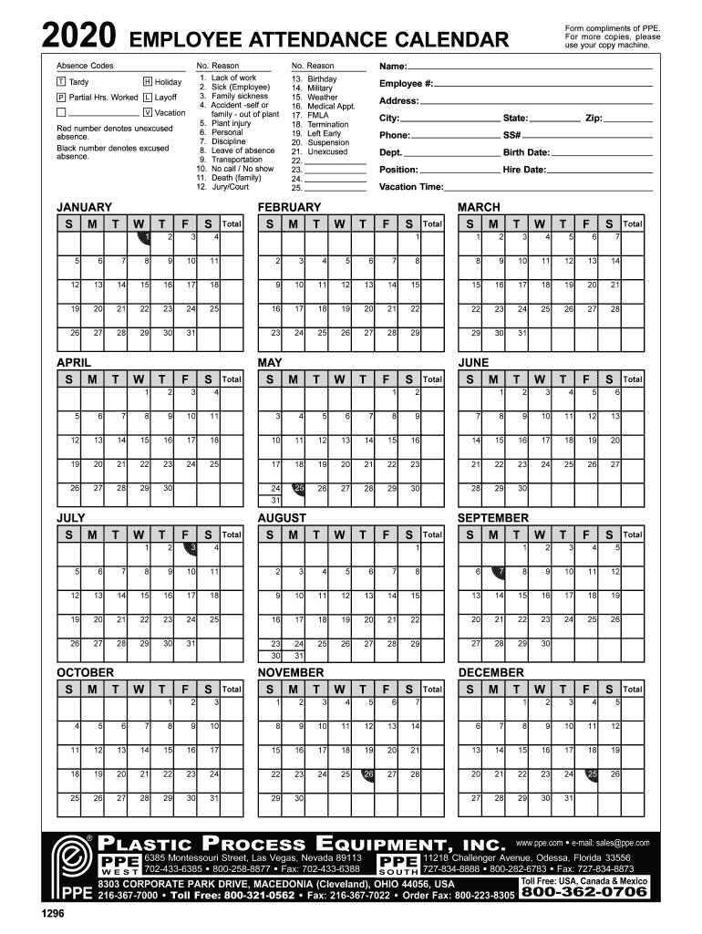 Free Employee Attendance Calendar 2020 - Calendar ...