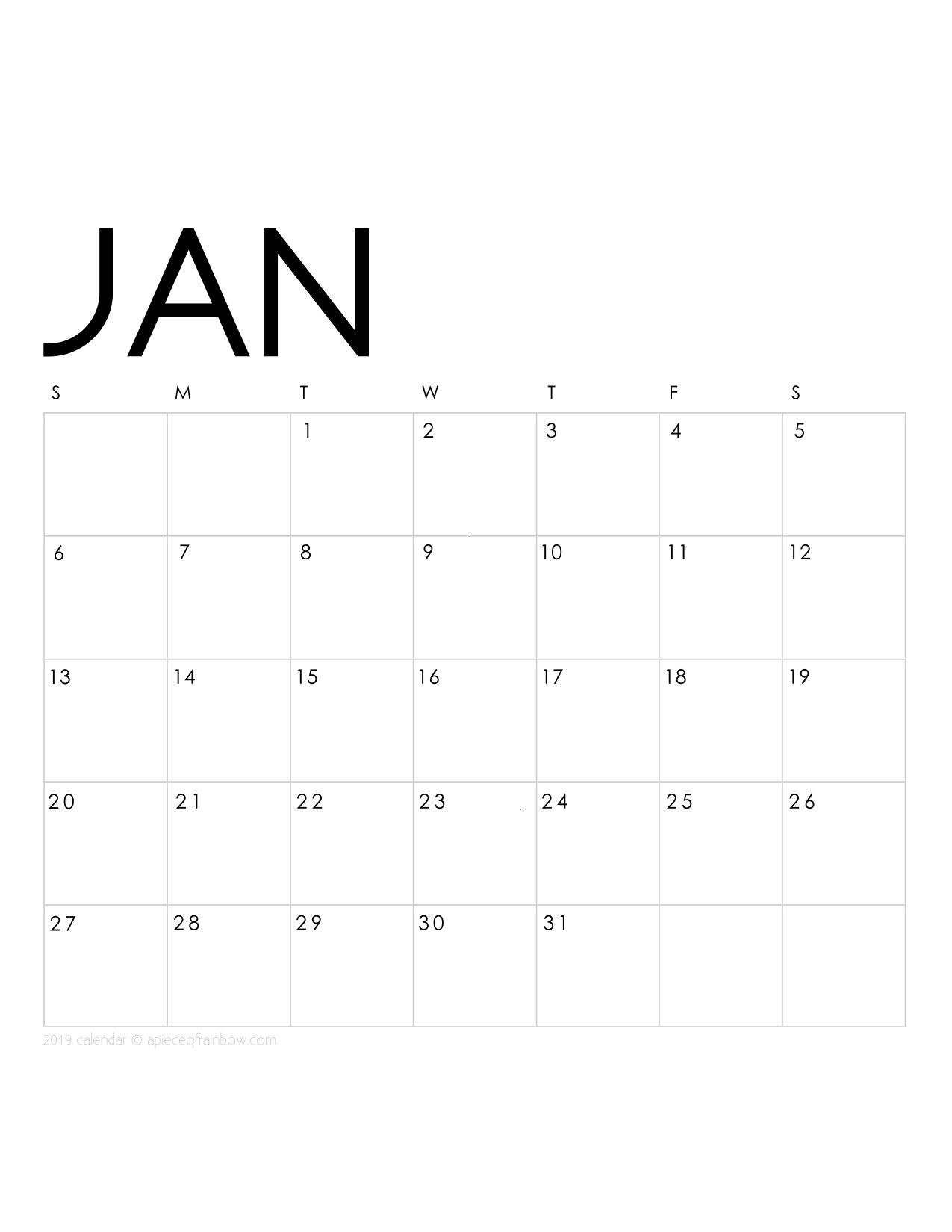 Printable January 2019 Calendar Monthly Planner {2 Designs throughout Minimal Calendar January 2020 Printable Monday To Sunday