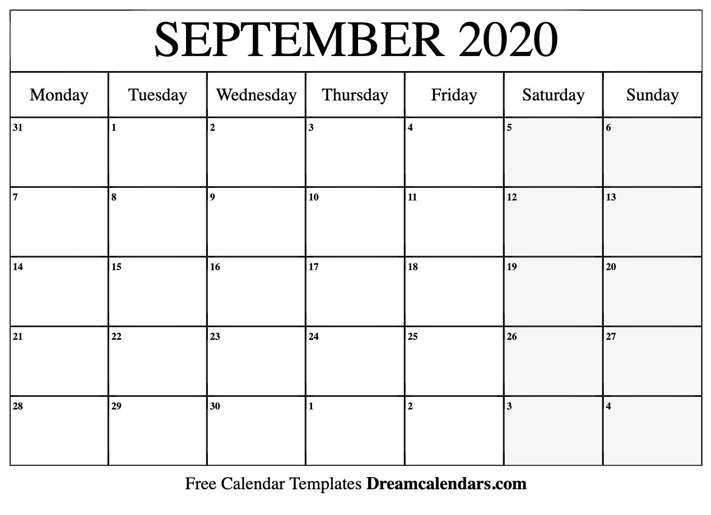 September 2020 Calendar Printable (Monday) - Dream Calendars within 2020 Monday To Sunday Calendar Printable
