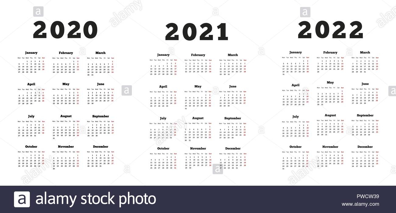 Set Of A4 Size Vertical Simple Calendars At 2020, 2021, 2022 intended for Calendars In 2020 2021 And 2022