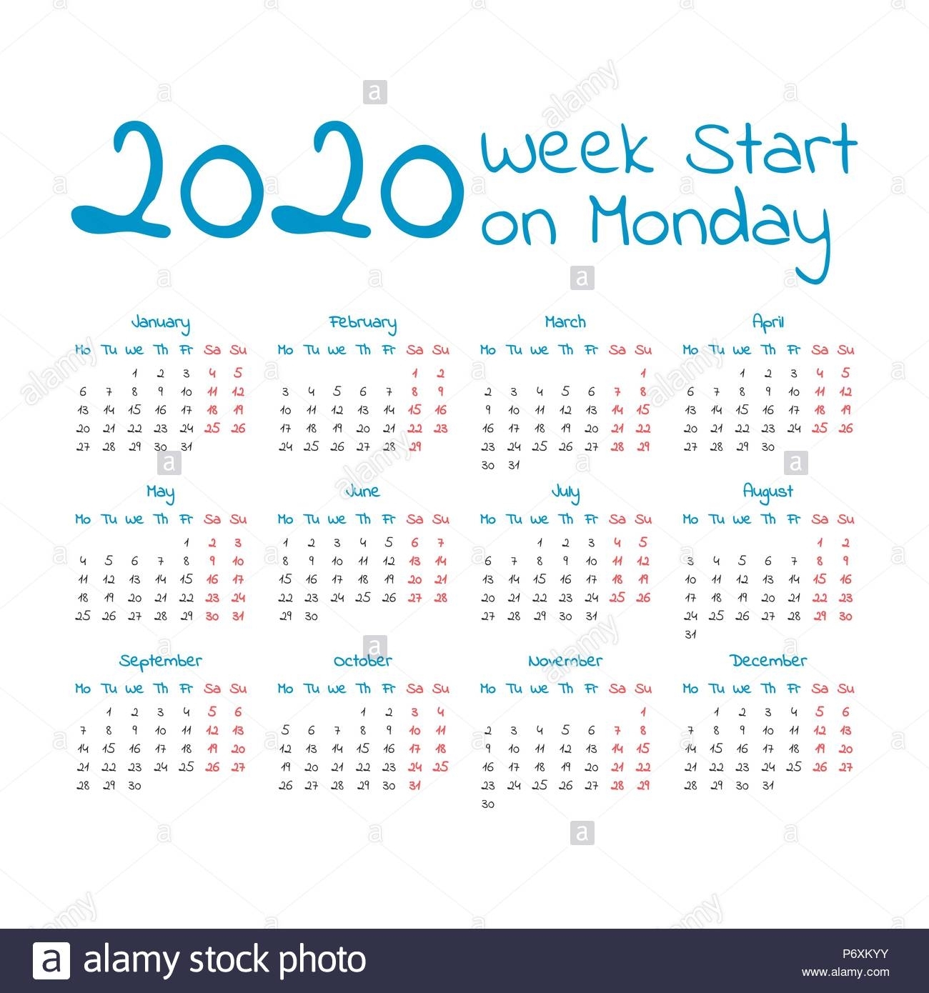 Simple 2020 Year Calendar, Week Starts On Monday Stock in 2020 Calendar Starting With Mondays