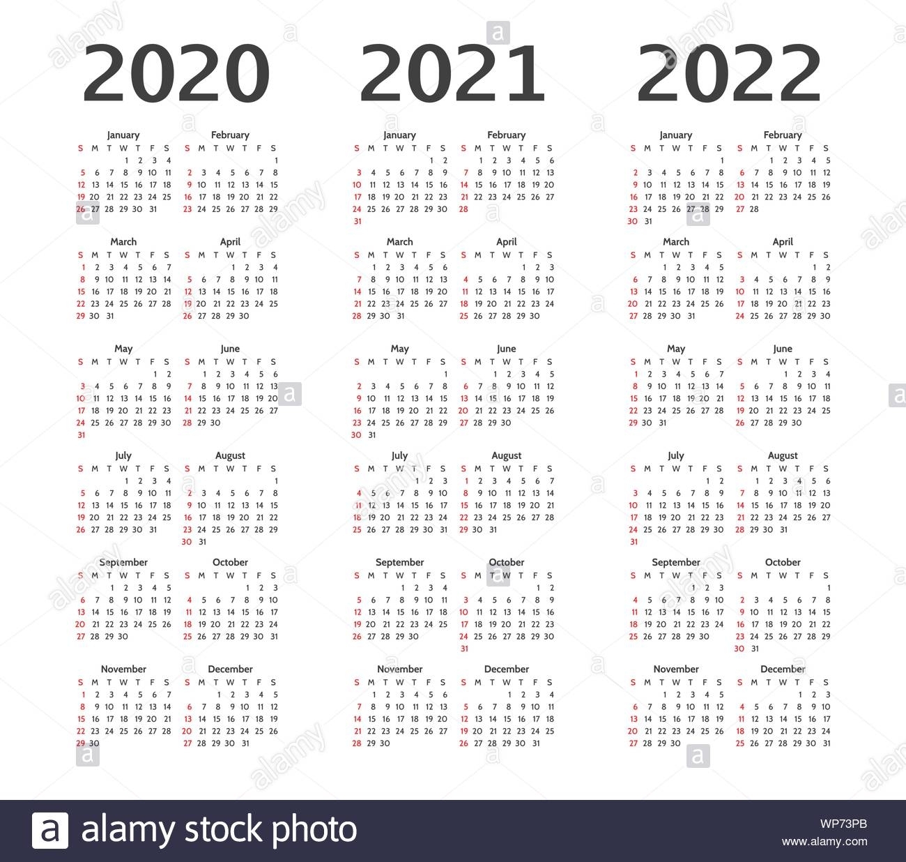 Simple Calendar Layout For 2020, 2021, 2022 Years. Week throughout Calendars In 2020 2021 And 2022