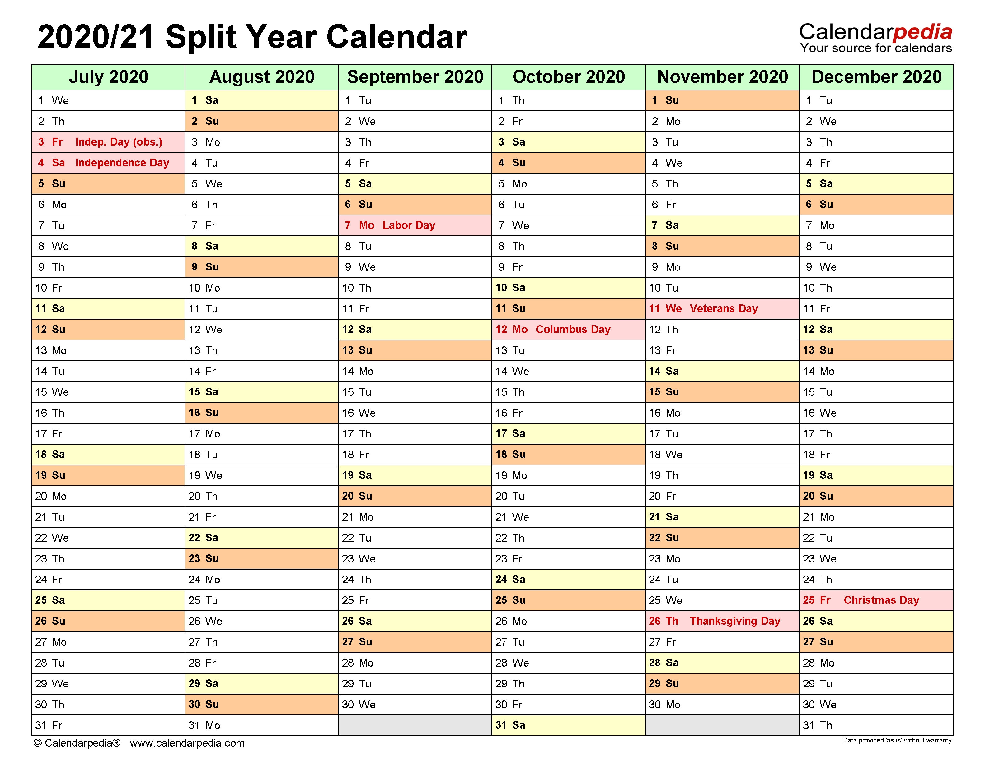 Split Year Calendars 2020/2021 (July To June) - Excel Templates inside Free Printablehalf Page Calendars 2020