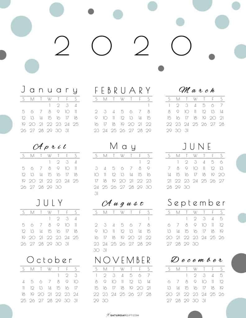 Year At A Glance Calendar 2020 - Pretty (And Free!) Printable throughout 2020 Calendar Year To A Page