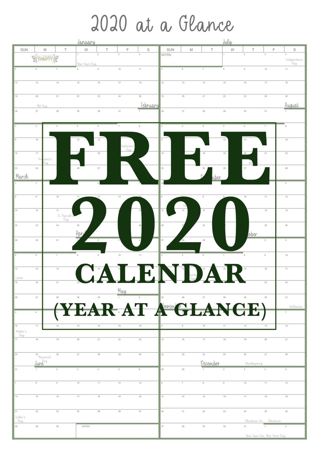 Year At A Glance Free Printable Calendar | All Things Thrifty pertaining to Free 2020 Year At A Glance Calendars