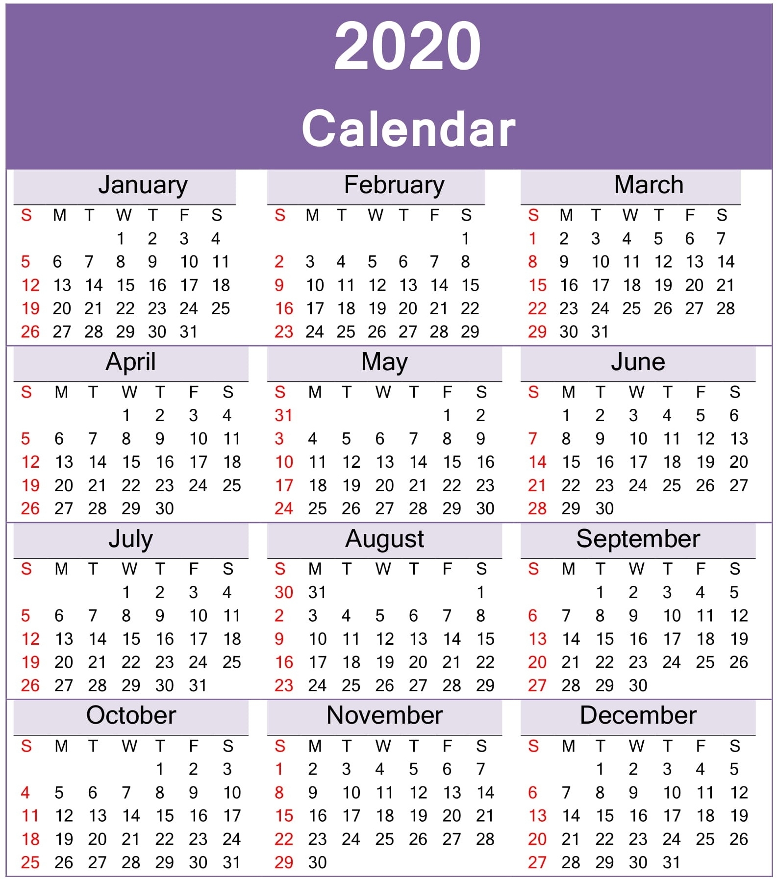 Yearly 2020 Calendar Printable Template Download within 2020 Calendar Year To A Page