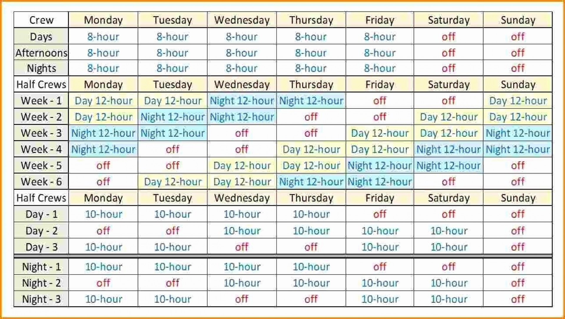 4 day work week schedule template