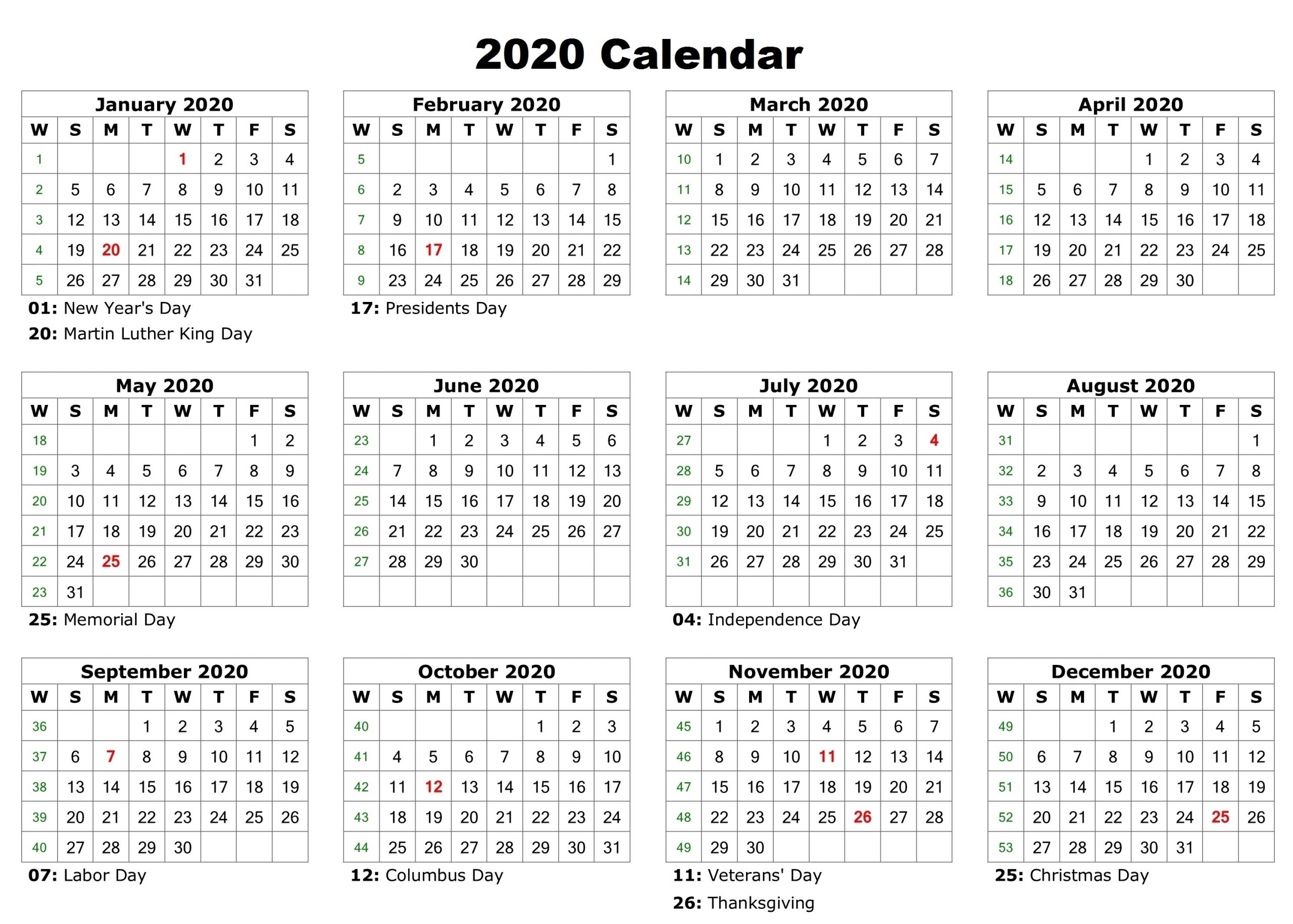 12 Month 2020 Calendar – Printable One Page Yearly Template inside 2020 12 Month Calendar Printable