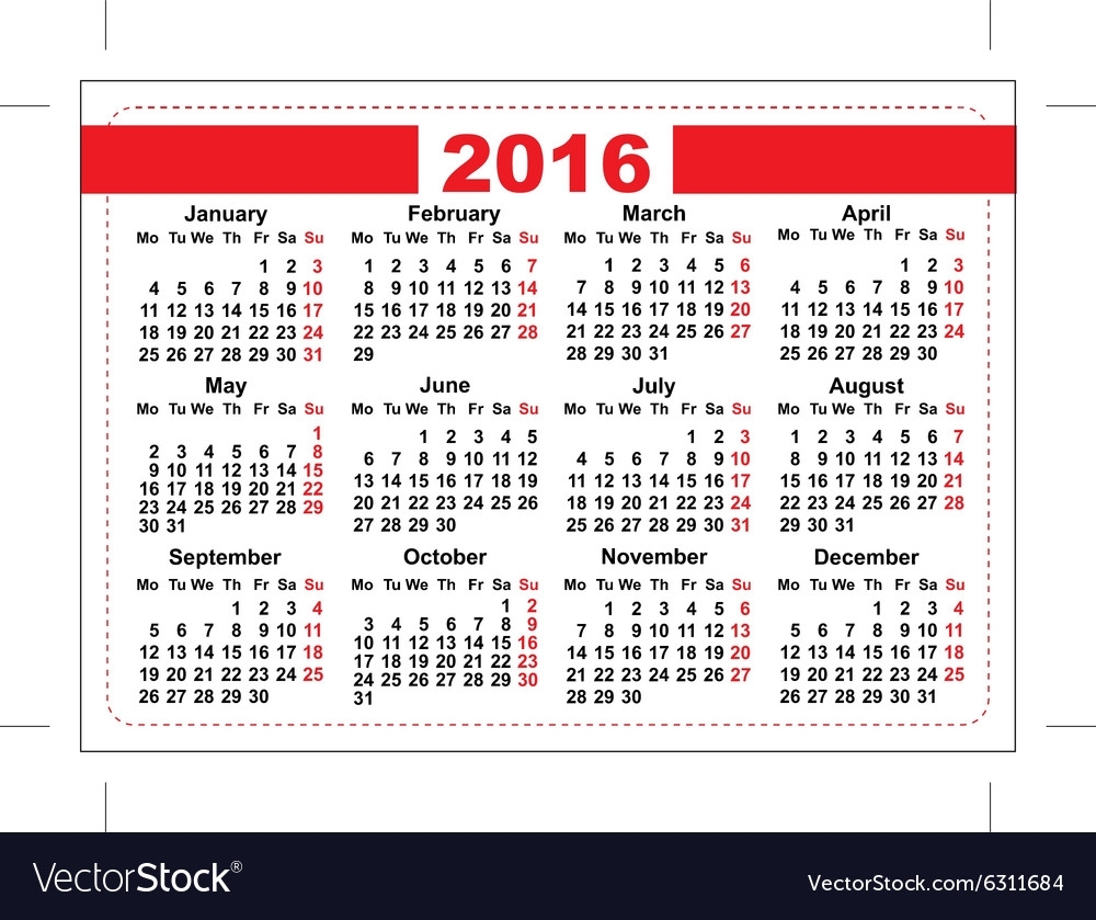 2016 Pocket Calendar Template Grid Horizontal Vector Image