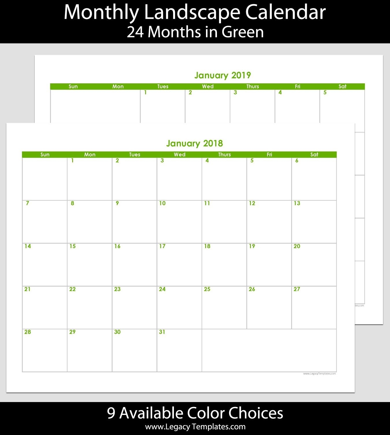 2018 &amp; 2019 24-Month Landscape Calendar. Printable Calendars