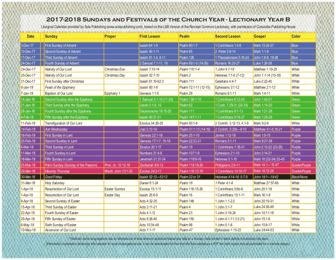 2018 Liturgical Calendar (Year B 2017-2018) K-2018 | Sola pertaining to Pdf Catholic Weekly Liturgical Calendar 2019