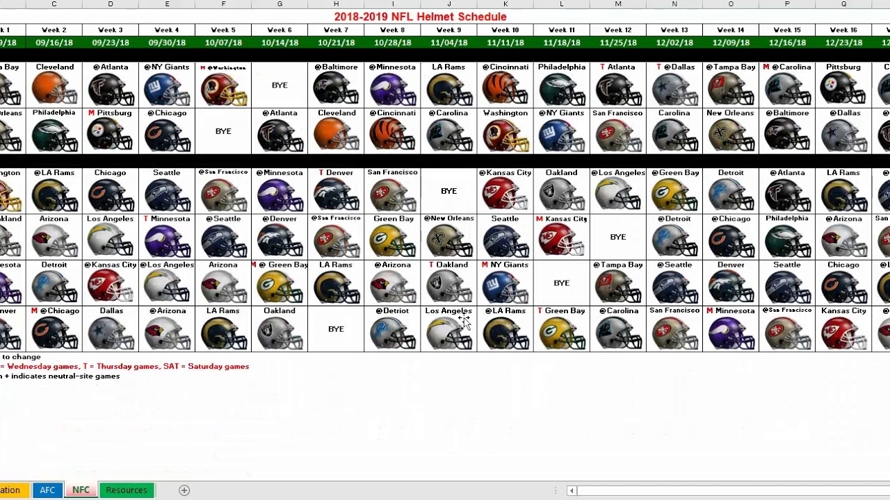 2018 Nfl Helmet Schedule Excel Spreadsheet in Nfl Schedule 2019 2020 Excel