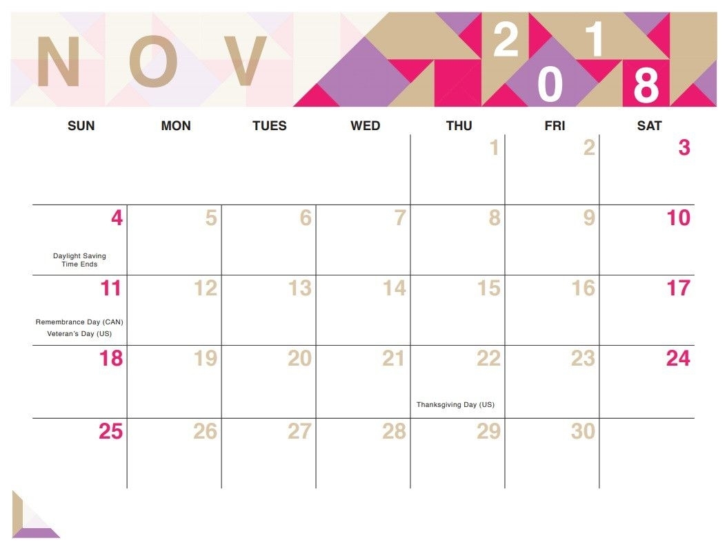 2018 November Word Calendar | November Calendar, 2018