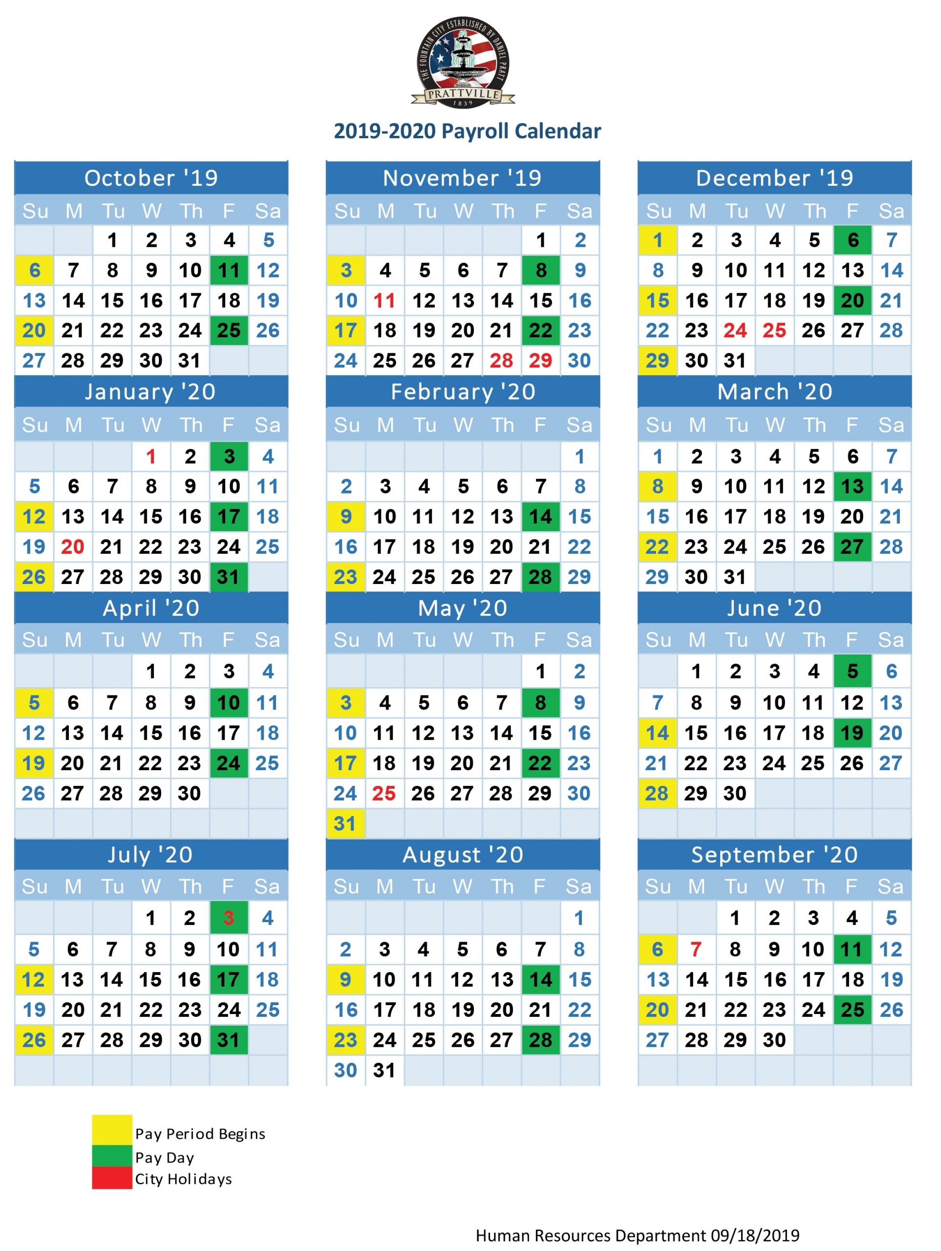 2019-20 Payroll Calendar | Human Resources : Prattville inside Federal Civilian Pay Calendar 2020