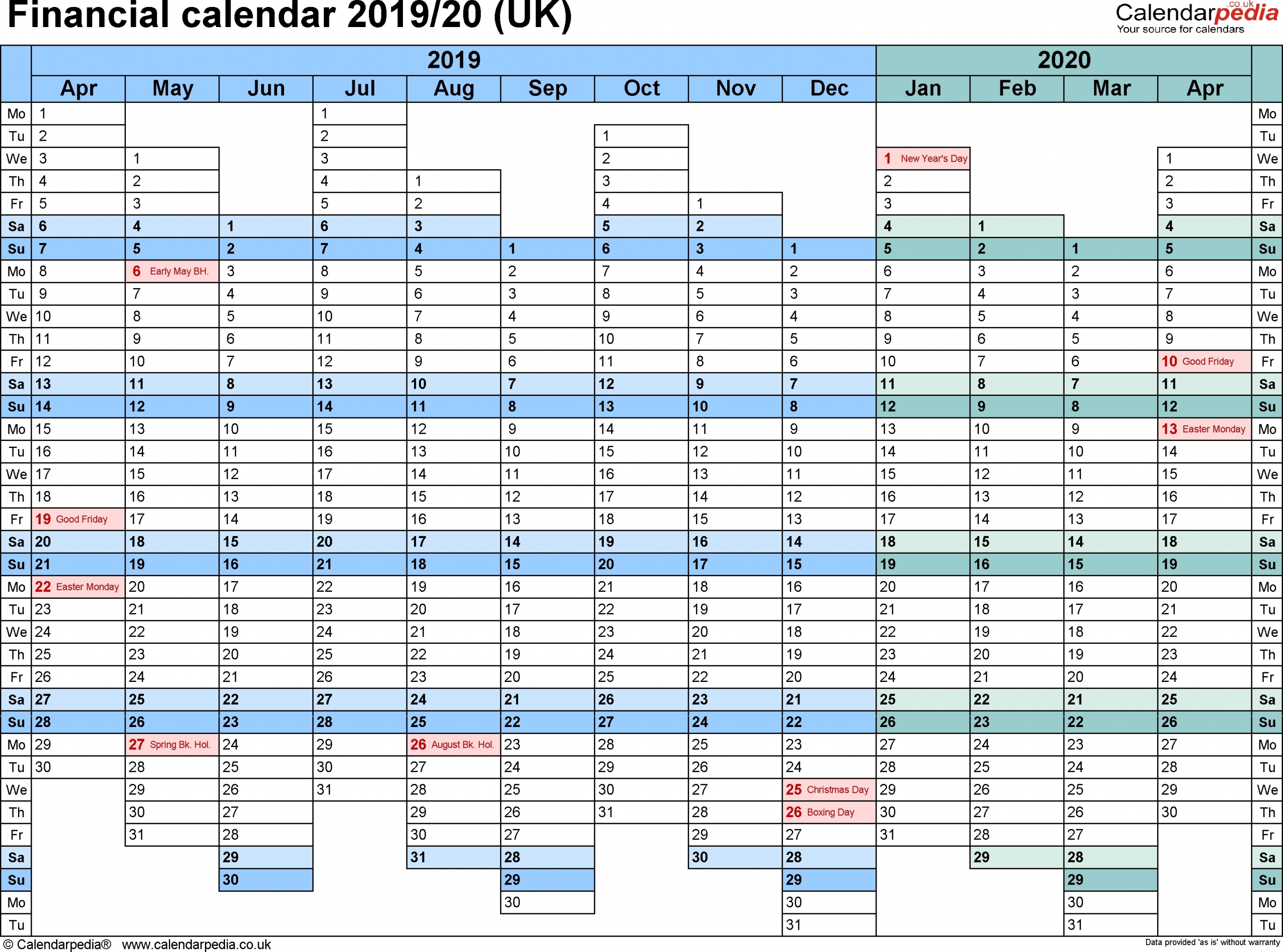 2019-2020 Calendar Financial Week Numbers - Calendar