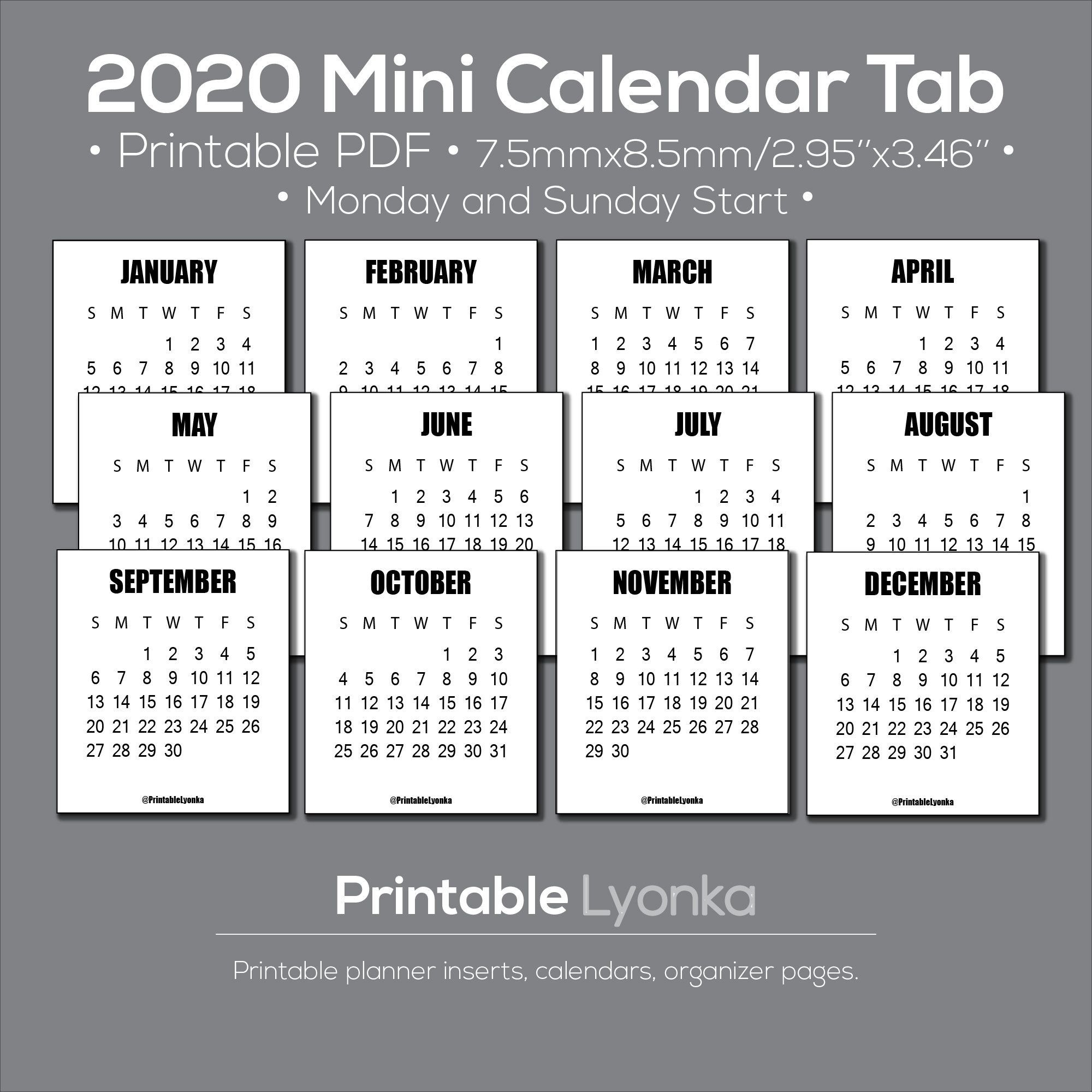 2020 2021 Mini Calendar Tab/Size 3 X 3 1/2Inch. Printable