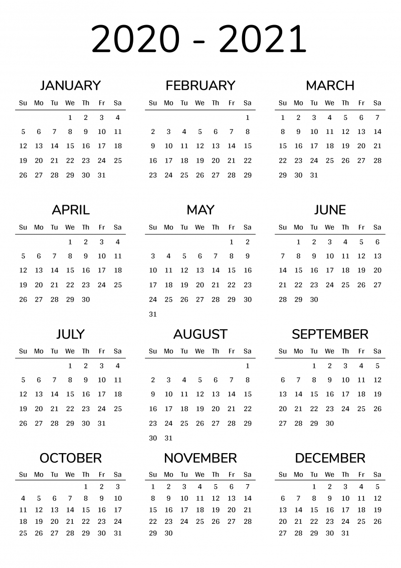 2020-2021 Printable Calendar For 2 Years