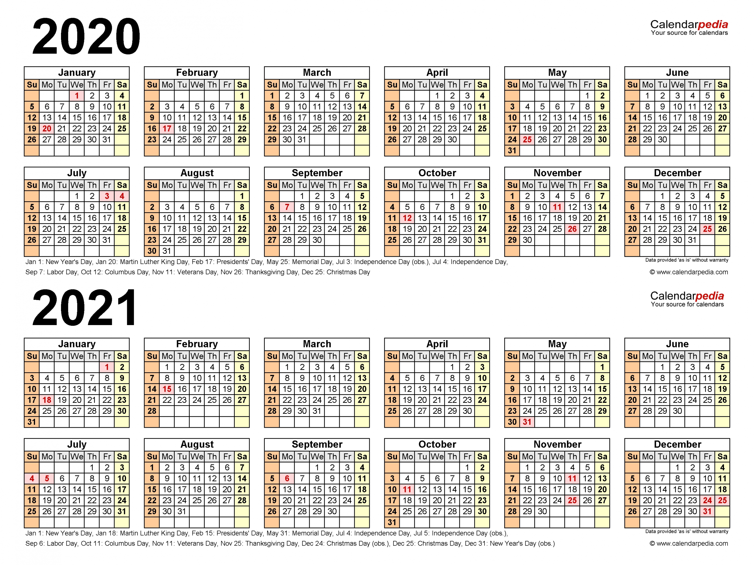 2020-2021 Two Year Calendar - Free Printable Excel Templates