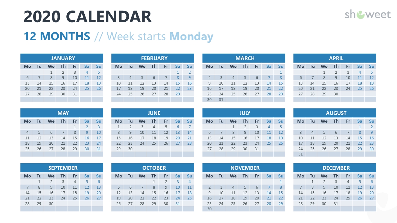 2020 Calendar For Powerpoint And Google Slides - Showeet regarding 2020 Calender Year Week Wise