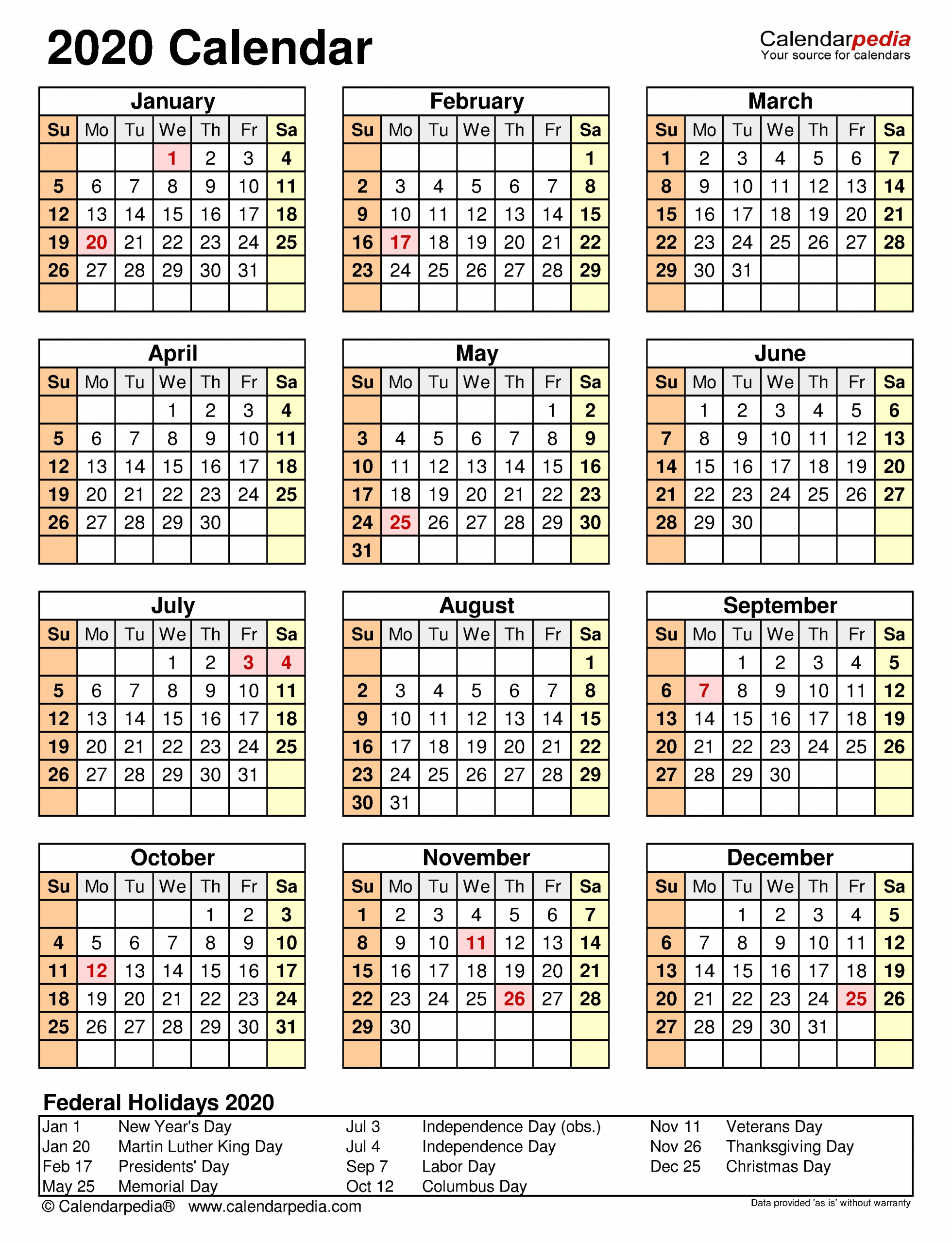 2020 Calendar - Free Printable Excel Templates - Calendarpedia