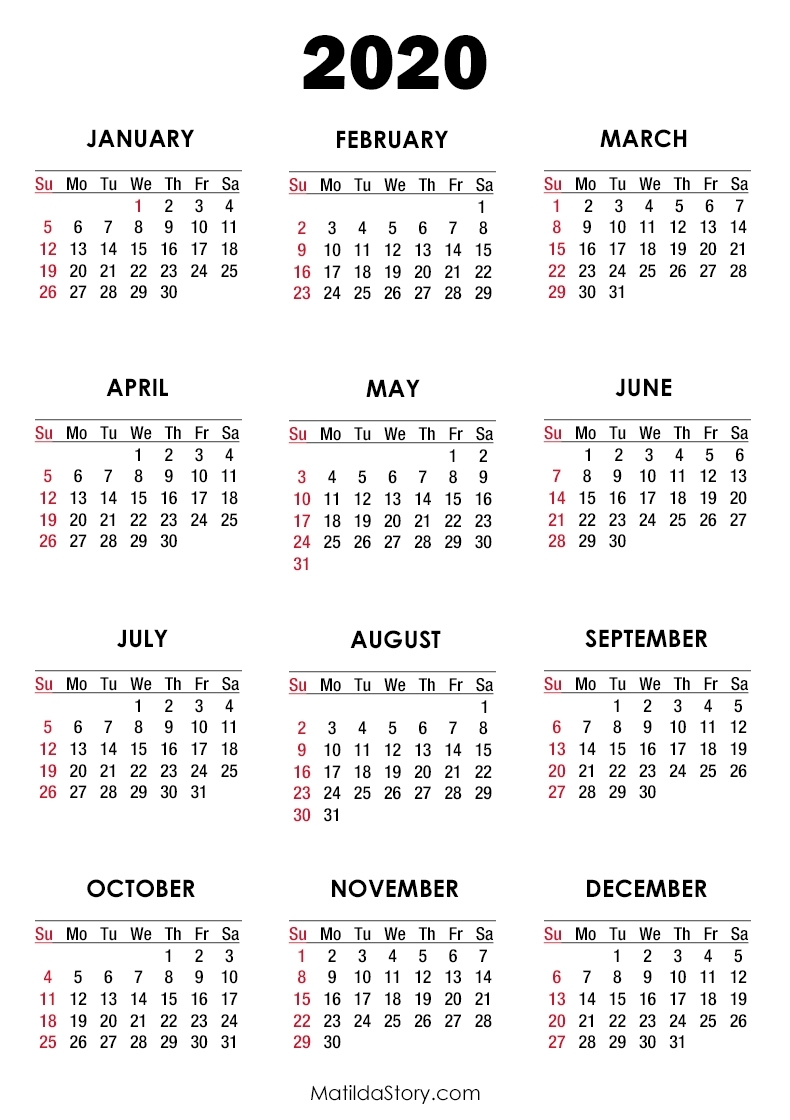 2020 Calendar Printable Free, White – Sunday Start inside Printable Monday To Sunday 2020 Calendar