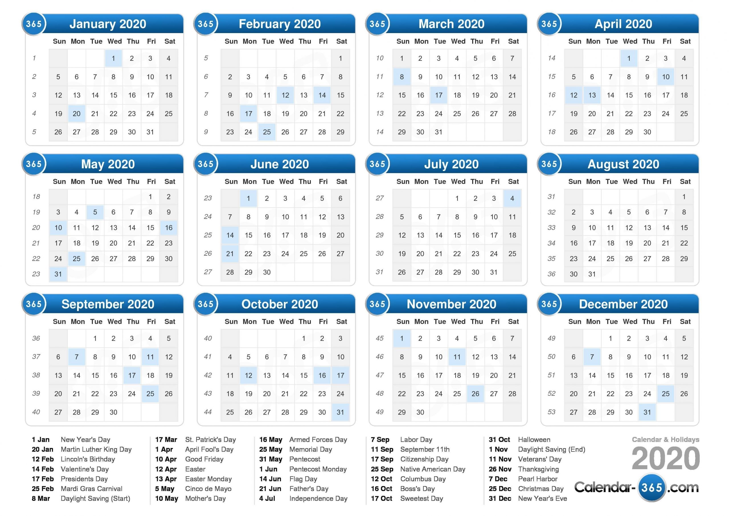 2020 Calendar with Calendar For 2020 Week Wise