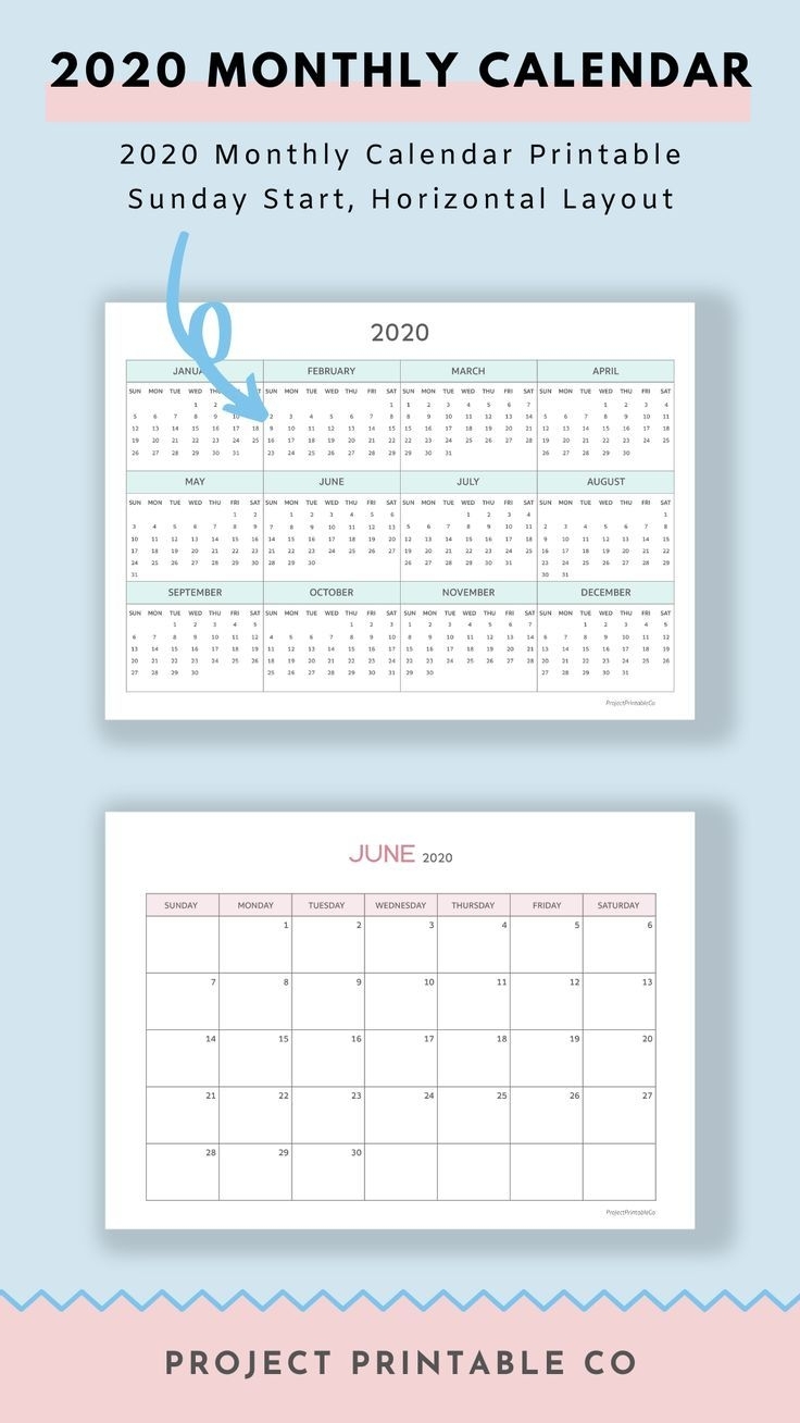 2020 Monthly Calendar Printable – Sunday Start, Horizontal