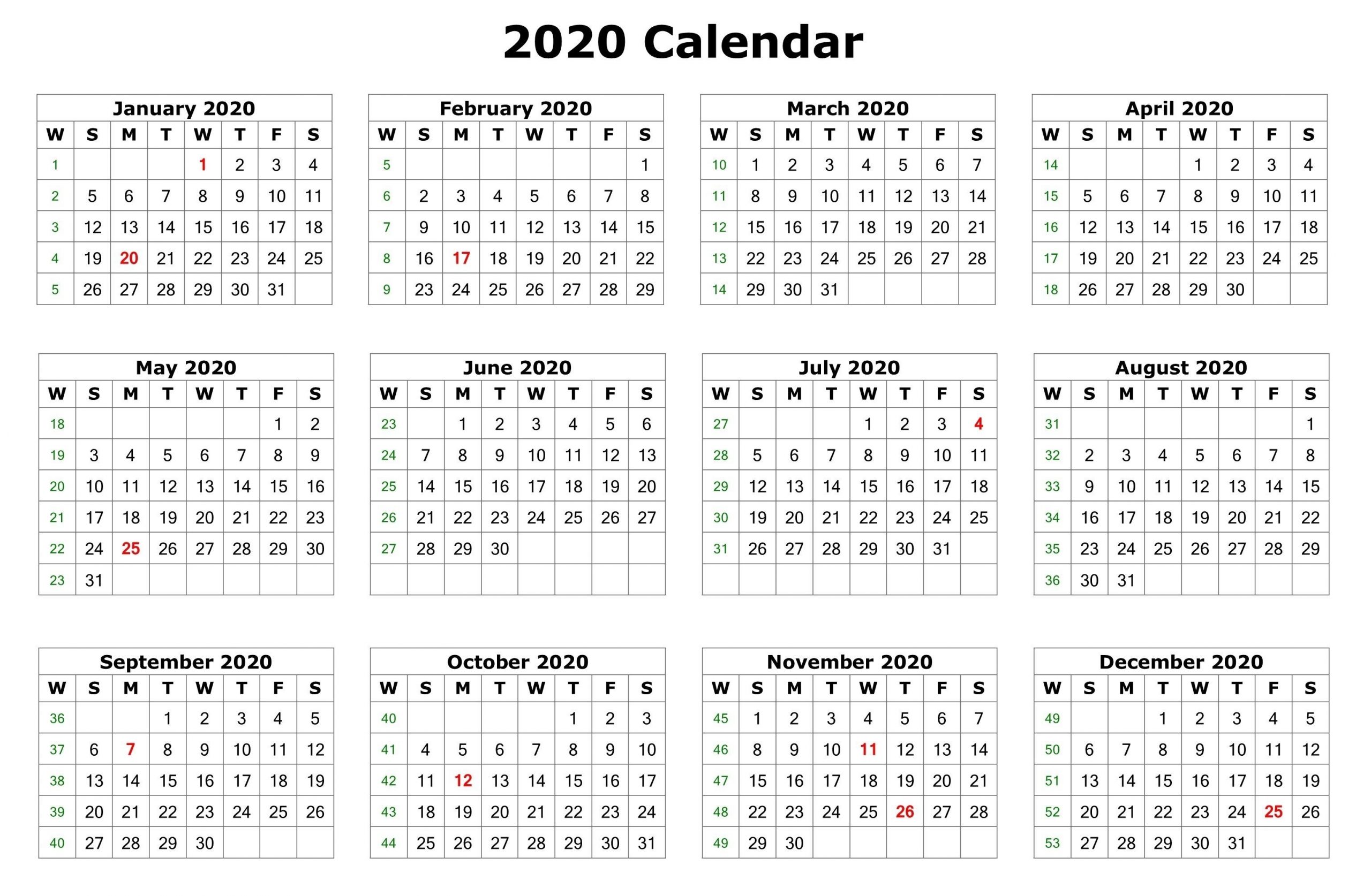 2020 One Page Calendar Printable | Calendar 2020 | 12 Month throughout 2020 12 Month Calendar Printable